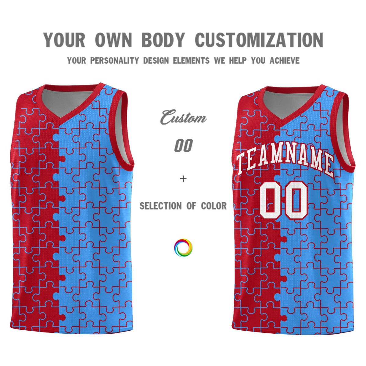 Custom Youth Basketball Jersey Red Light Blue Puzzle Pattern Moisture-Wicking Team Uniform