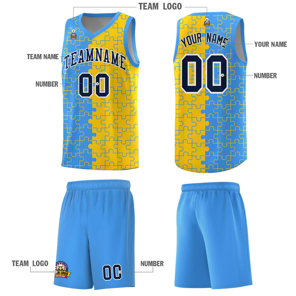 Custom Youth Basketball Jersey Light Blue Gold Puzzle Pattern Add Name, Number &amp; Team Logo
