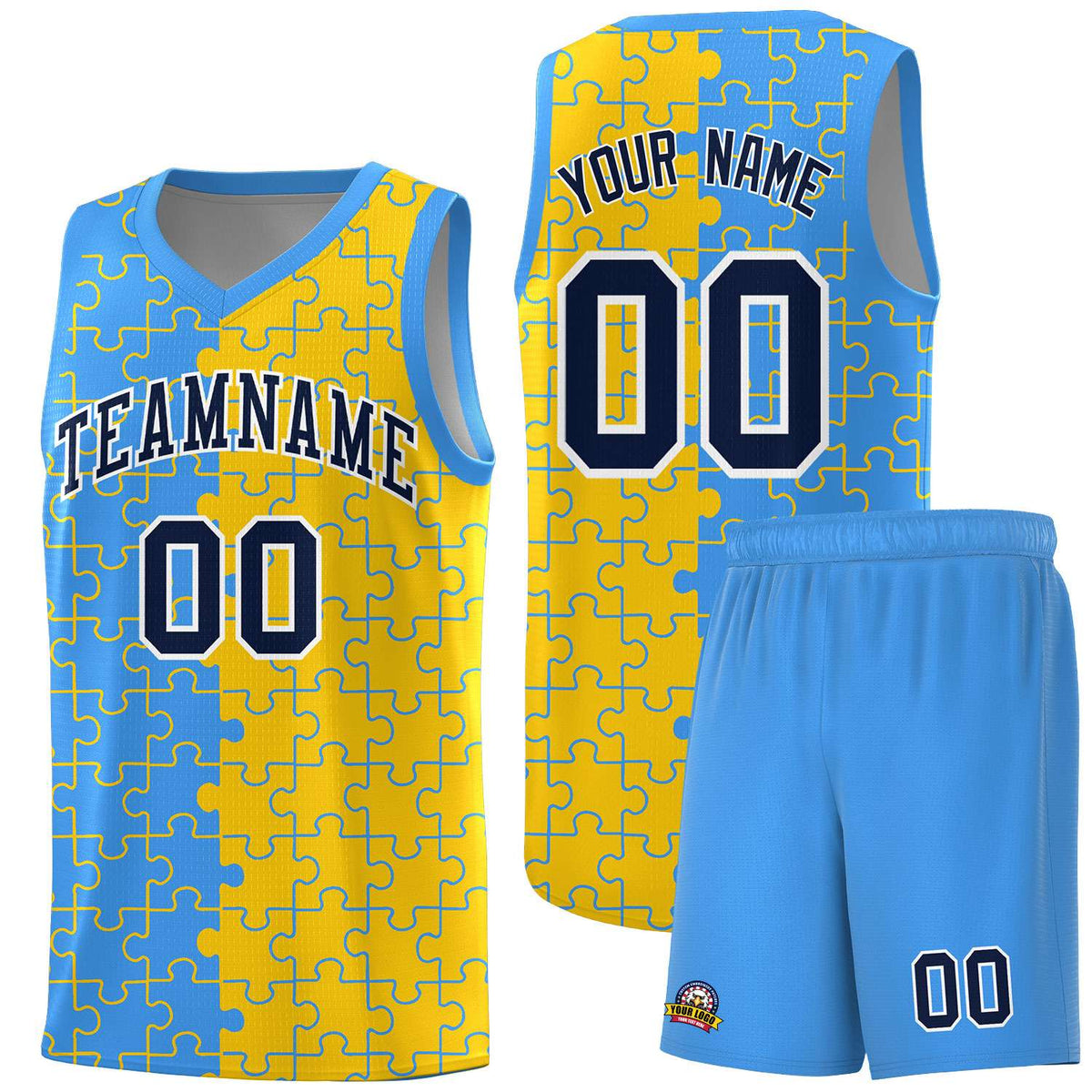 Custom Youth Basketball Jersey Light Blue Gold Puzzle Pattern Add Name, Number &amp; Team Logo