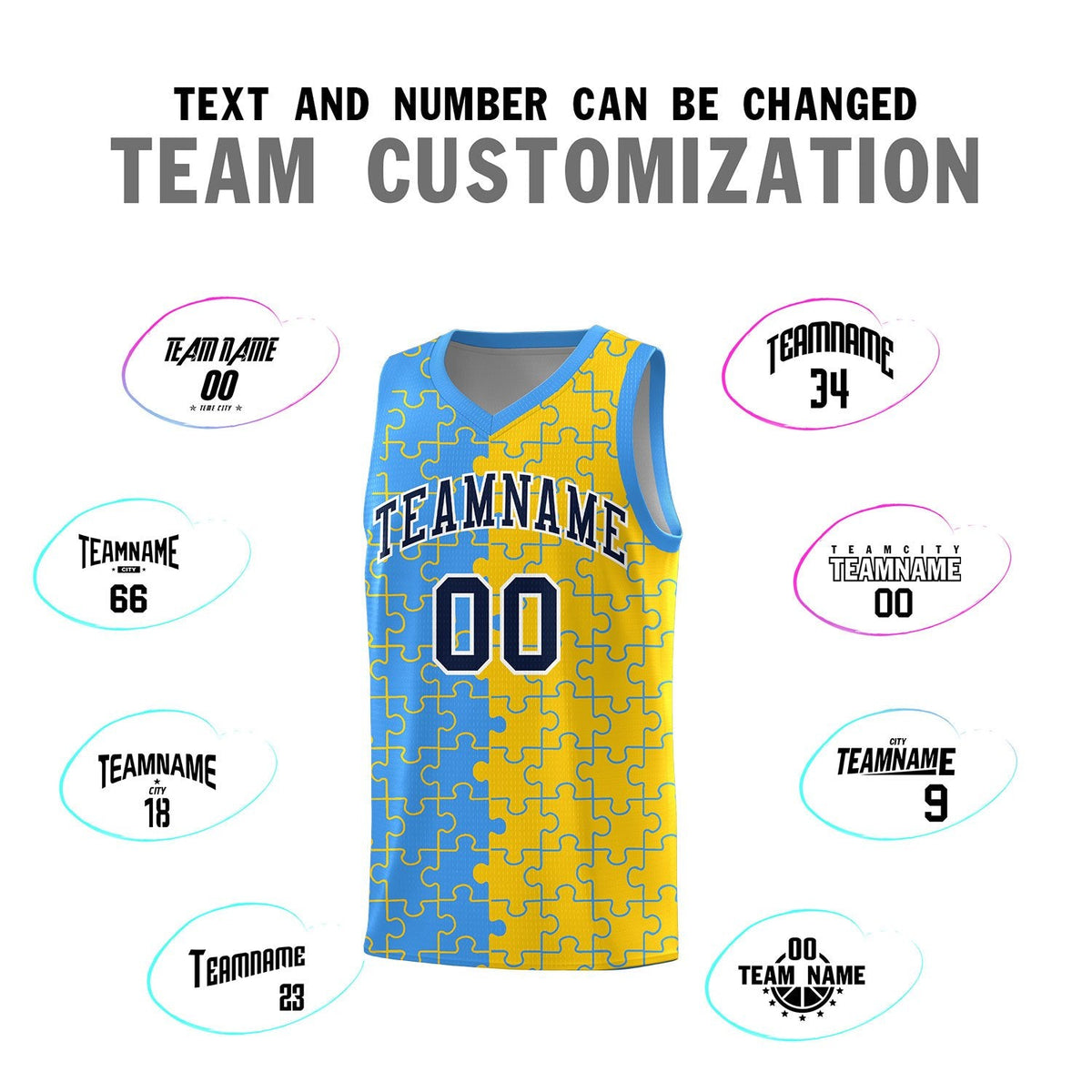 Custom Youth Basketball Jersey Light Blue Gold Puzzle Pattern Add Name, Number &amp; Team Logo
