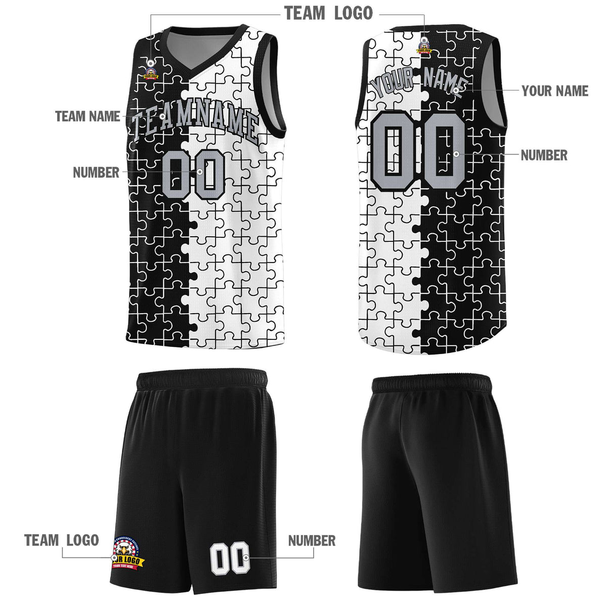 Custom Youth Basketball Jersey Black White Puzzle Pattern Breathable Team Uniform
