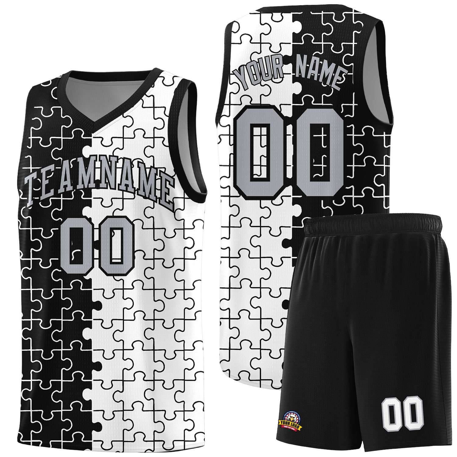 Custom Youth Basketball Jersey Black White Puzzle Pattern Breathable Team Uniform