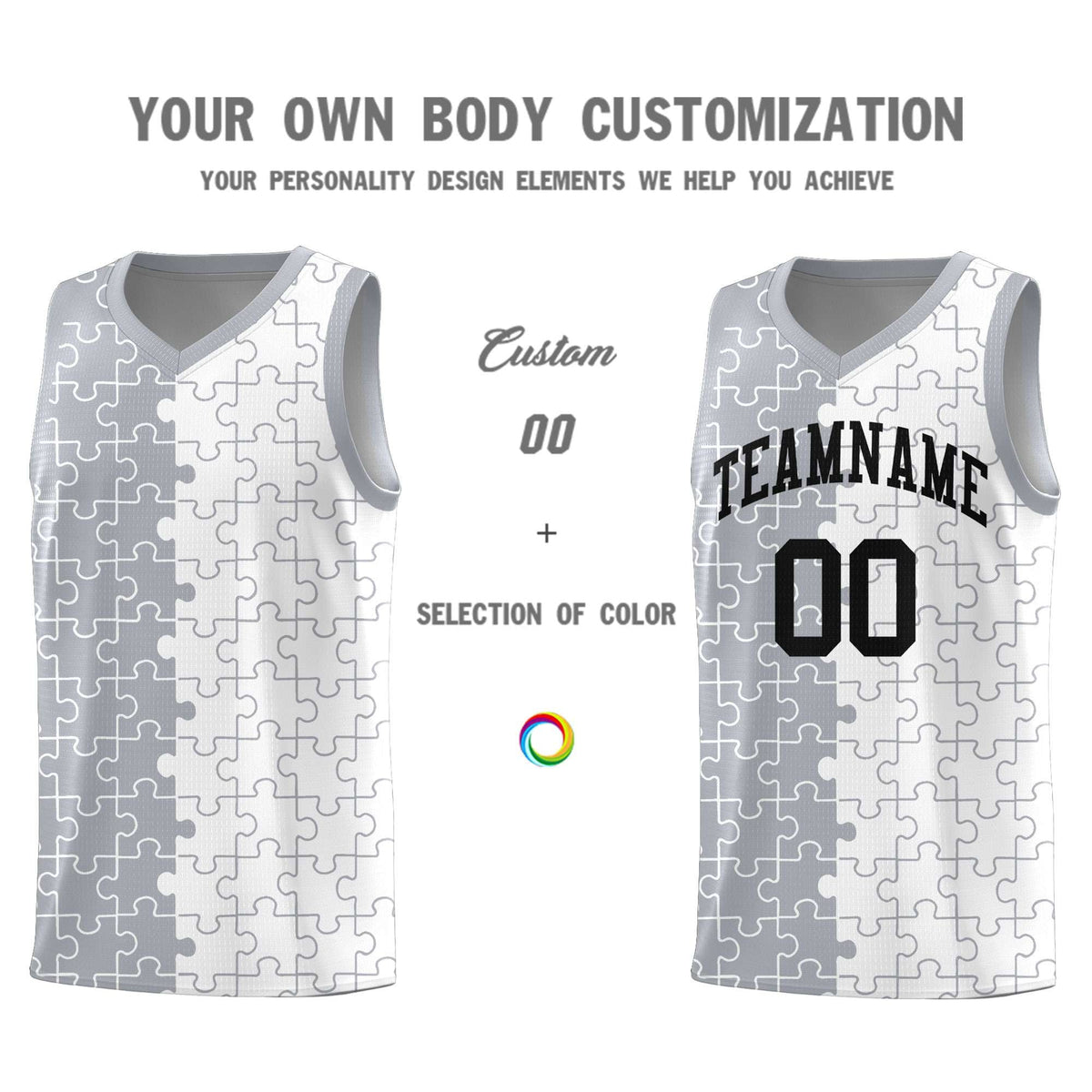 Custom Youth Basketball Jersey Gray White Puzzle Pattern Personalized Team Uniform