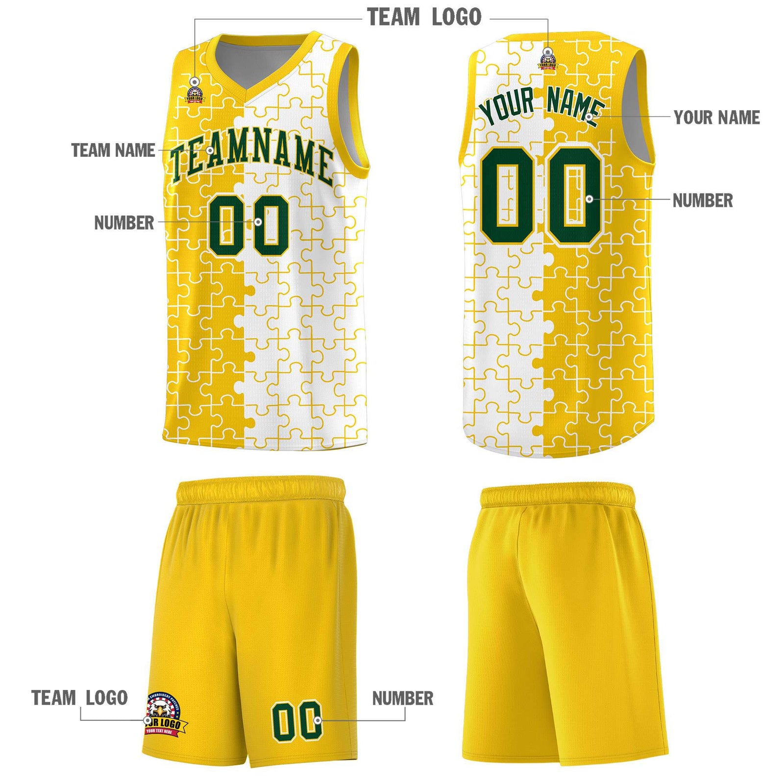 Custom Youth Basketball Jersey Gold White Puzzle Pattern Add Name, Number & Team Logo