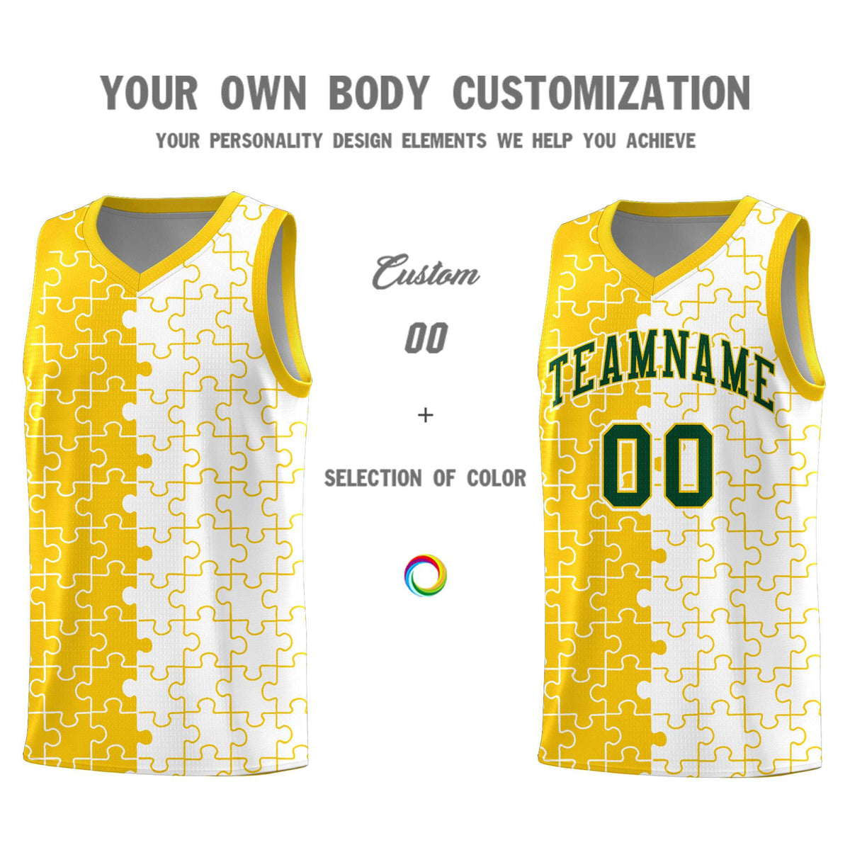 Custom Youth Basketball Jersey Gold White Puzzle Pattern Add Name, Number &amp; Team Logo