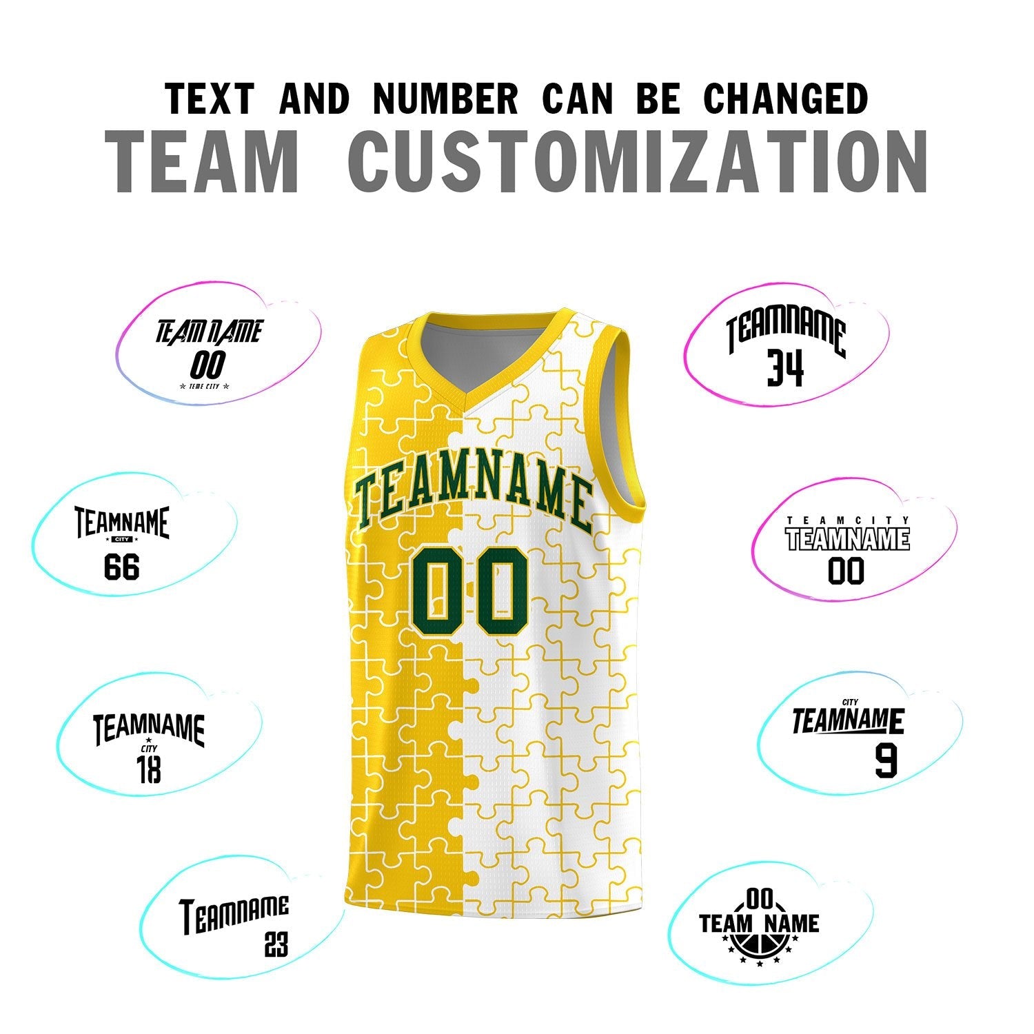 Custom Youth Basketball Jersey Gold White Puzzle Pattern Add Name, Number & Team Logo