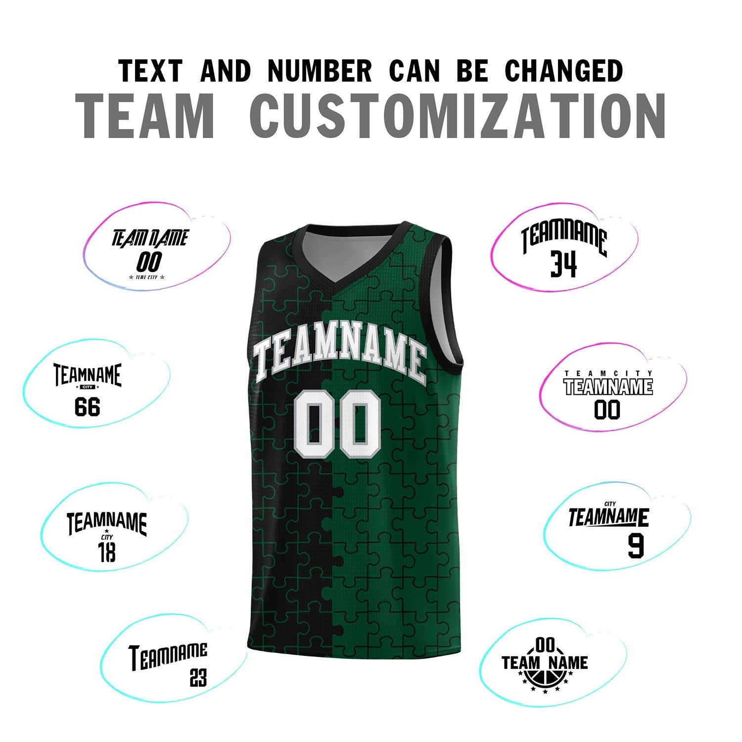 Custom Youth Basketball Jersey Black Green Puzzle Pattern Breathable Team Uniform