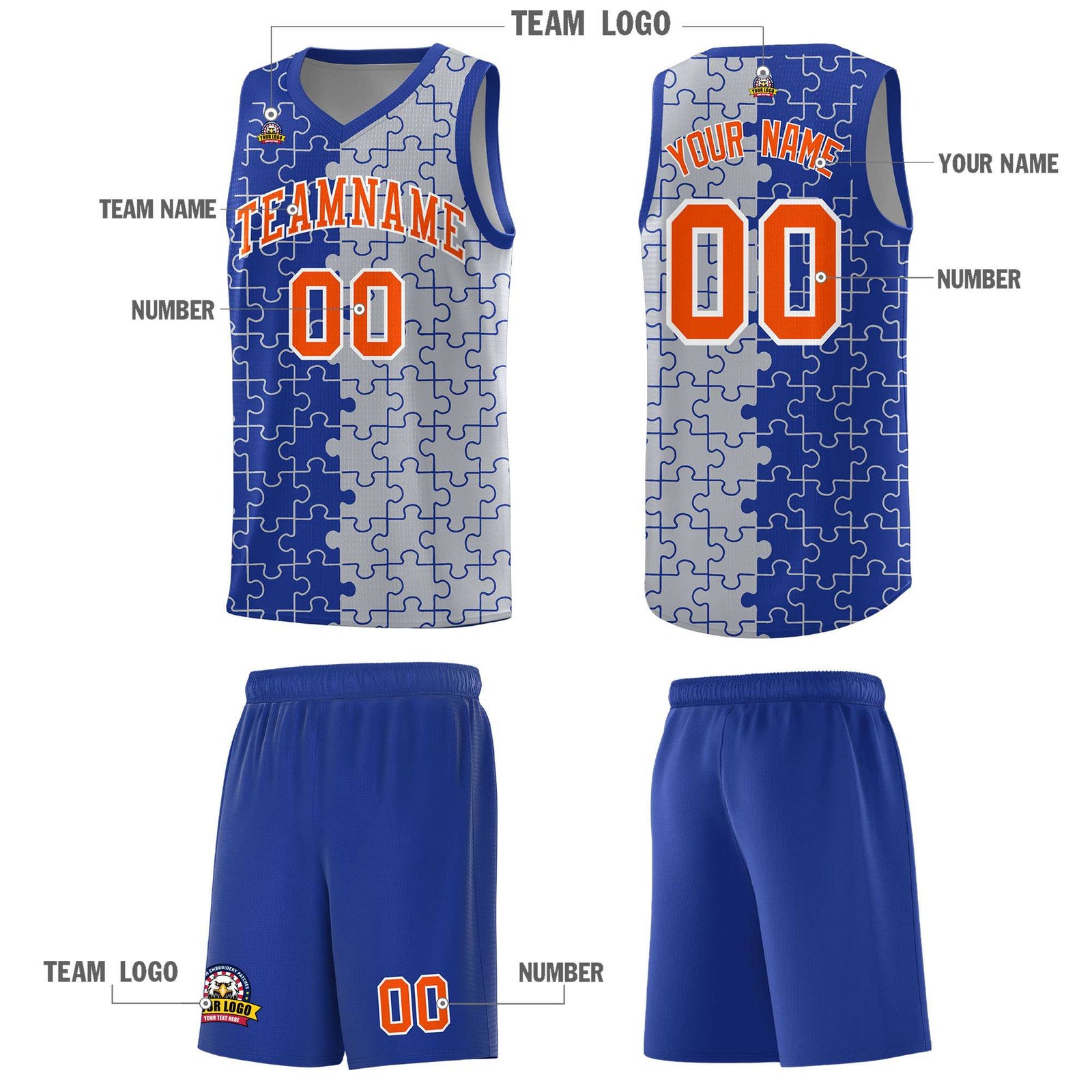 Custom Youth Basketball Jersey Royal Blue Gray Puzzle Pattern Moisture-Wicking Team Uniform