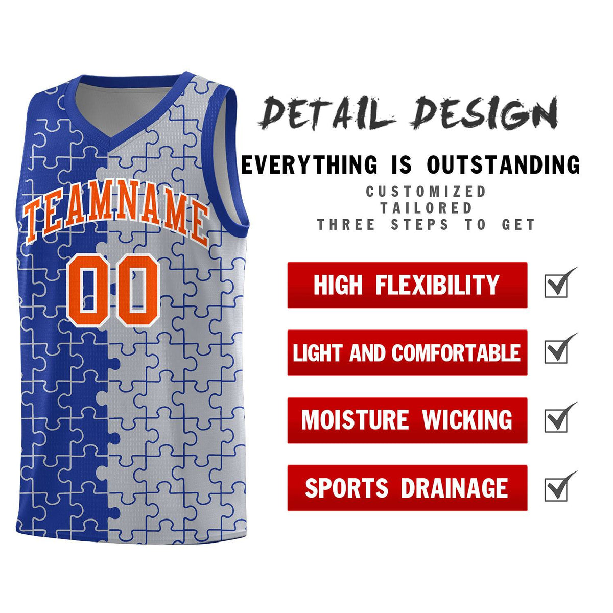 Custom Youth Basketball Jersey Royal Blue Gray Puzzle Pattern Moisture-Wicking Team Uniform