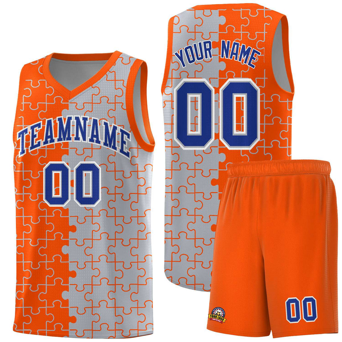 Custom Youth Basketball Jersey Orange Gray Puzzle Pattern Personalized Team Uniform