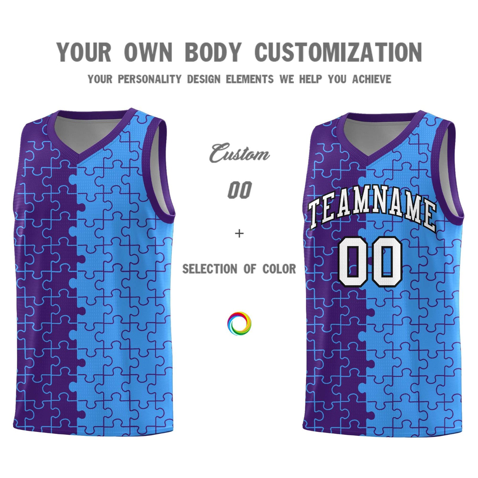 Custom Youth Basketball Jersey Purple Light Blue Puzzle Pattern Breathable Team Uniform