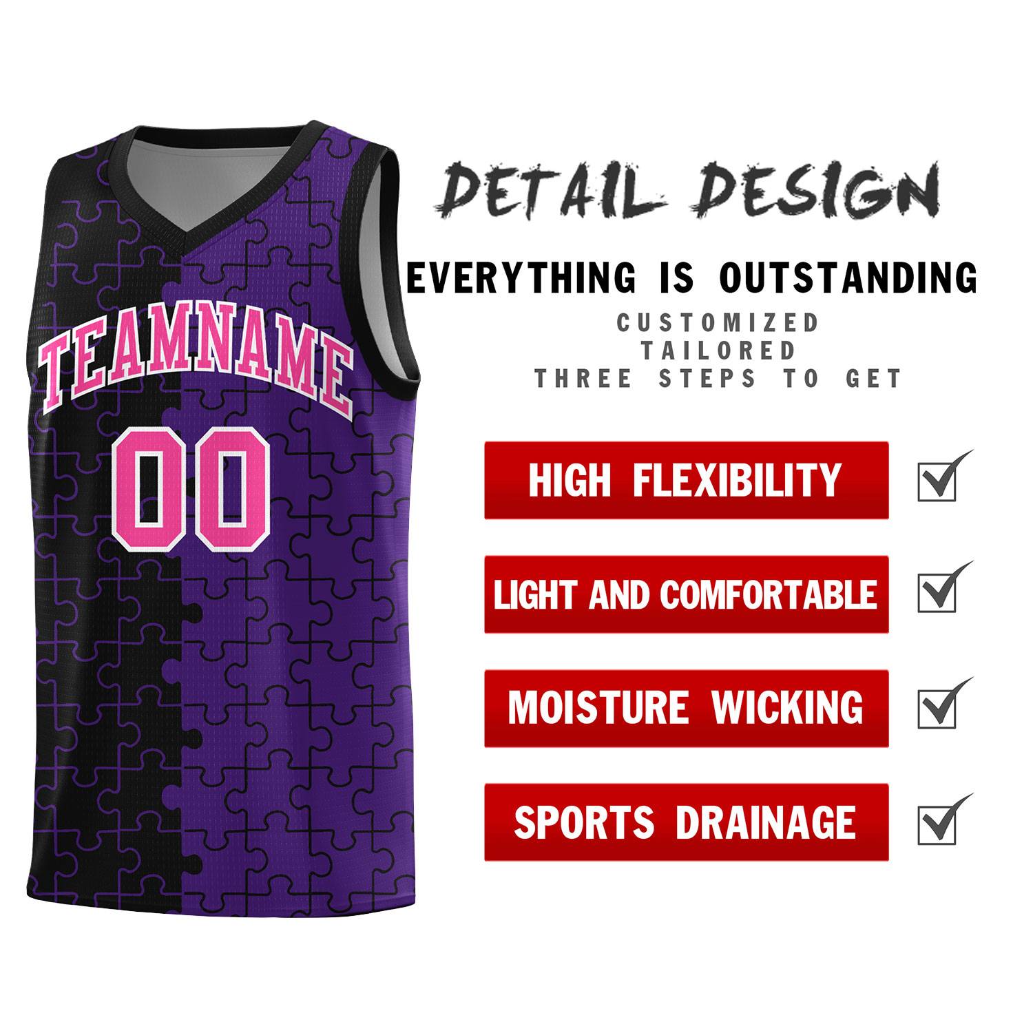 Custom Youth Basketball Jersey Black Purple Puzzle Pattern Personalized Team Uniform