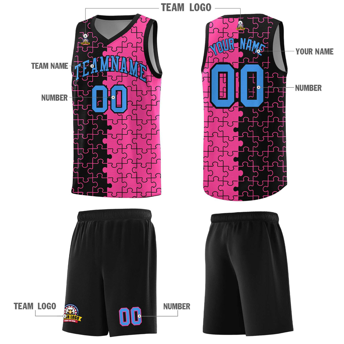 Custom Youth Basketball Jersey Black Pink Puzzle Pattern Add Name, Number &amp; Team Logo