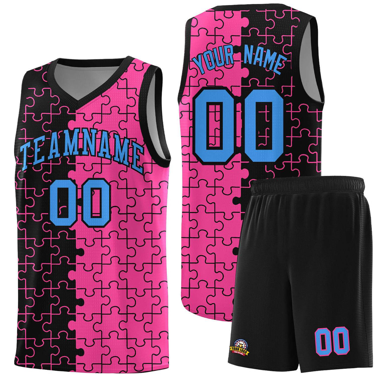 Custom Youth Basketball Jersey Black Pink Puzzle Pattern Add Name, Number &amp; Team Logo