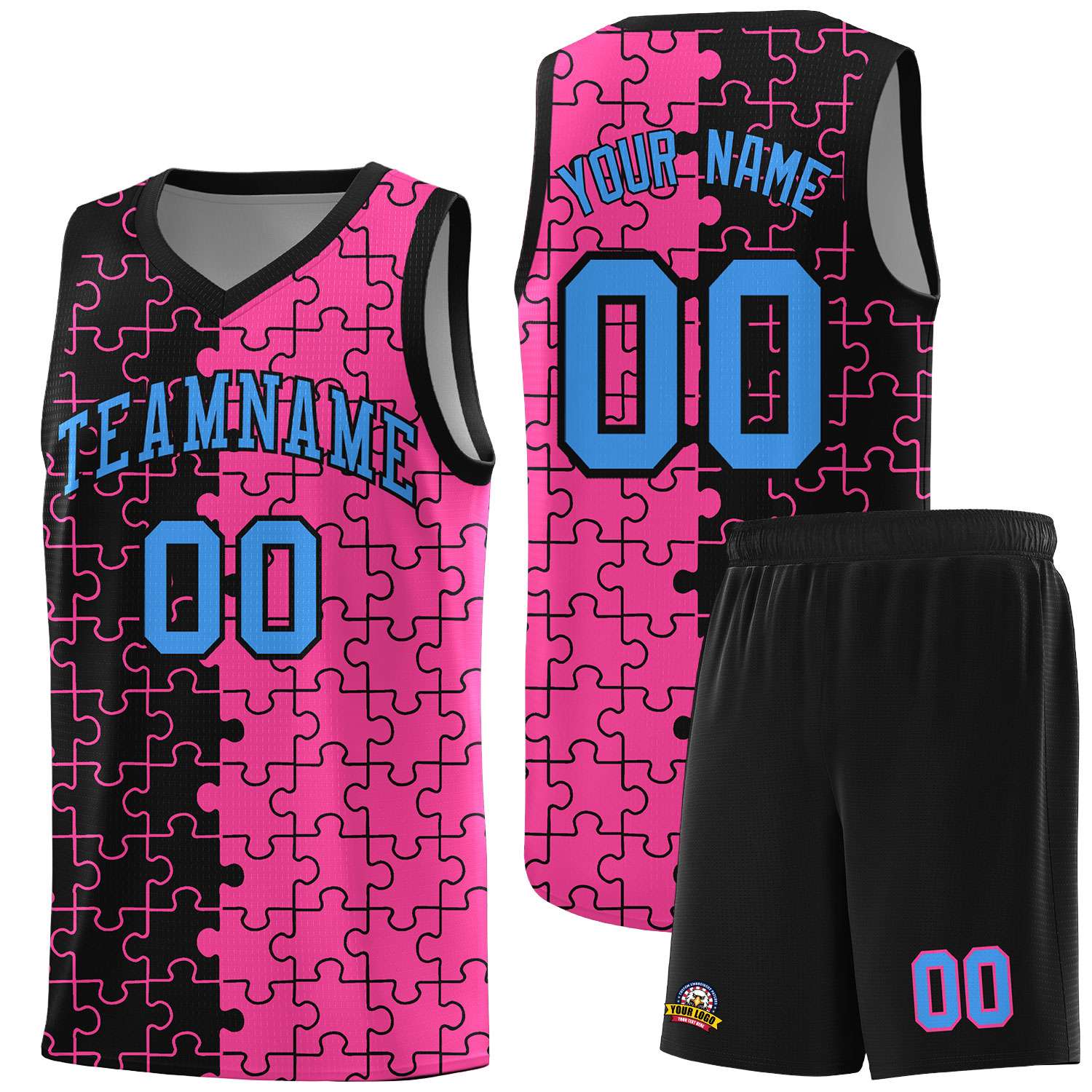 Custom Youth Basketball Jersey Black Pink Puzzle Pattern Add Name, Number & Team Logo