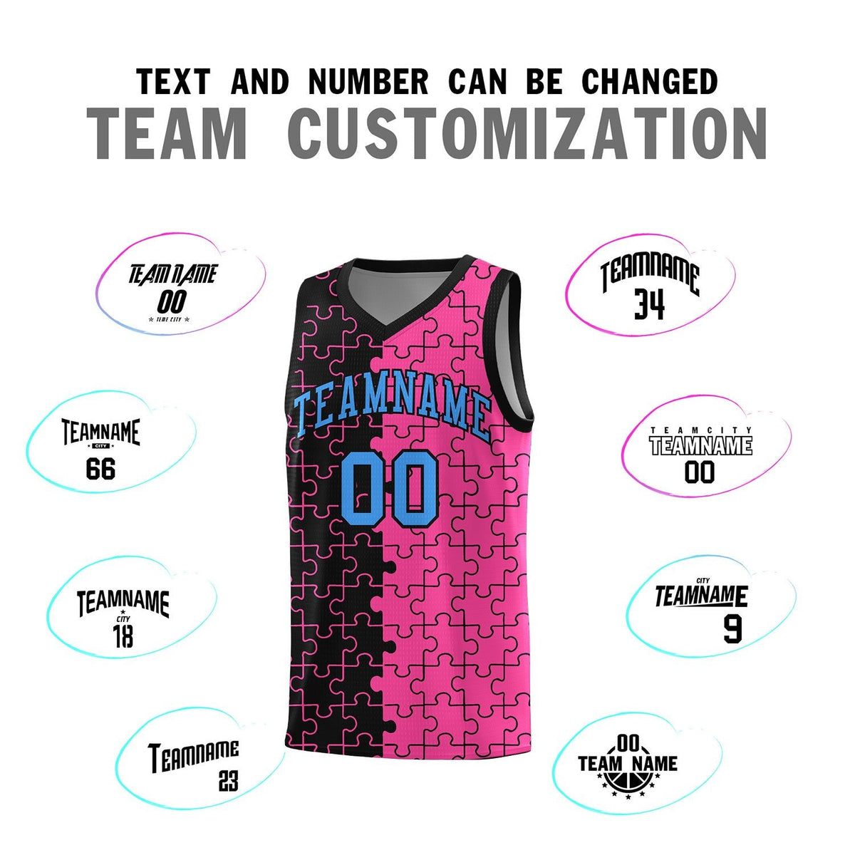 Custom Youth Basketball Jersey Black Pink Puzzle Pattern Add Name, Number &amp; Team Logo