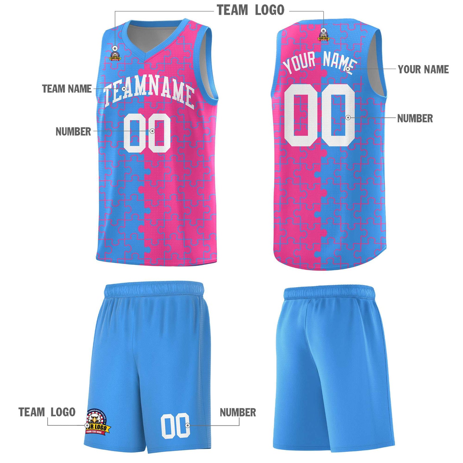 Custom Youth Basketball Jersey Light Blue Pink Puzzle Pattern Moisture-Wicking Team Uniform