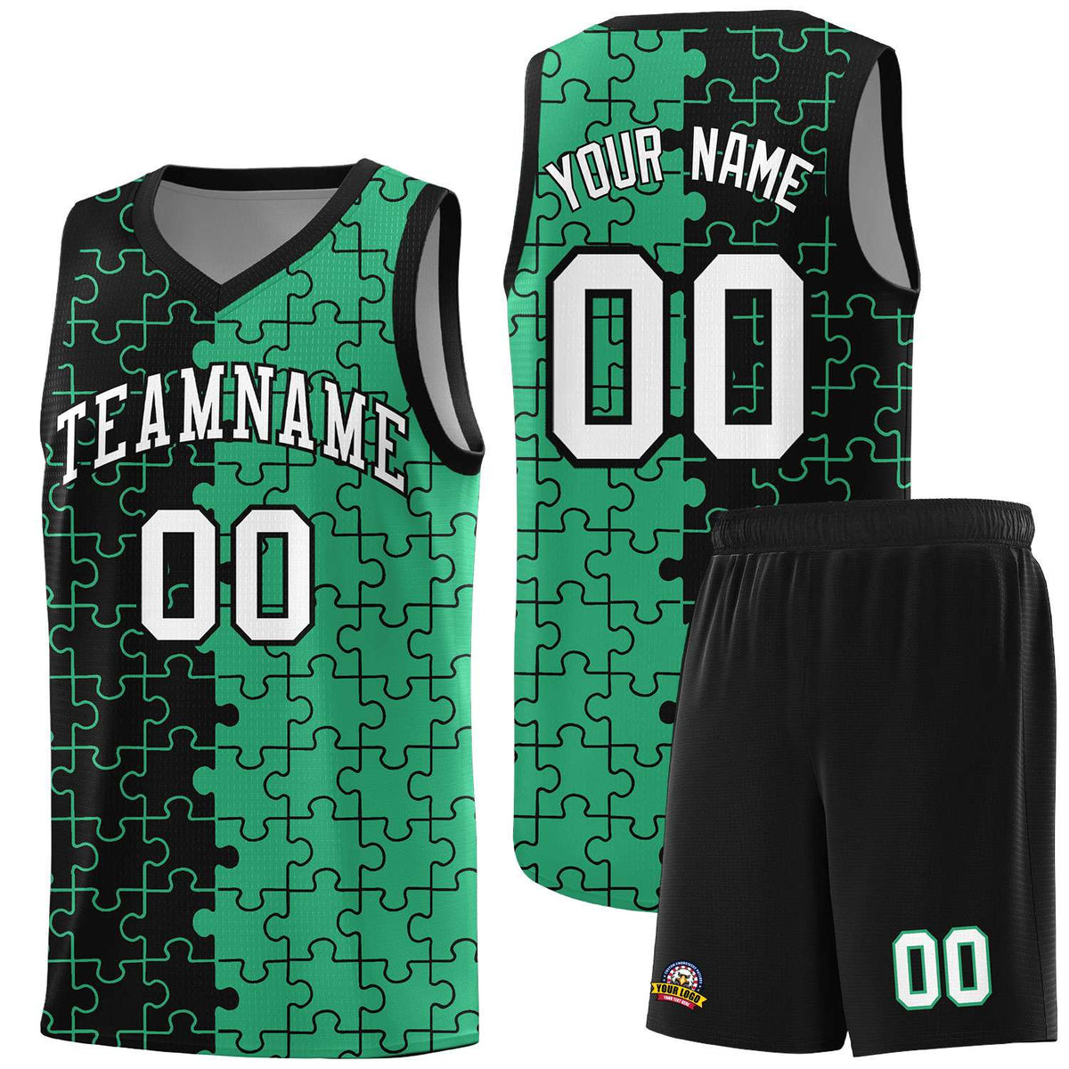 Custom Youth Basketball Jersey Black Green Puzzle Pattern Personalized Team Uniform