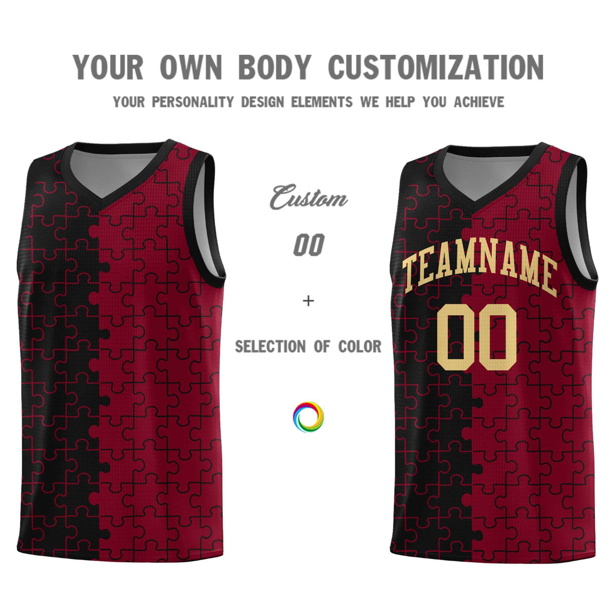 Custom Youth Basketball Jersey Black Crimson Puzzle Pattern Breathable Team Uniform