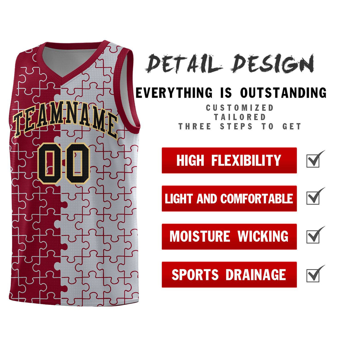 Custom Youth Basketball Jersey Crimson Gray Puzzle Pattern Moisture-Wicking Team Uniform