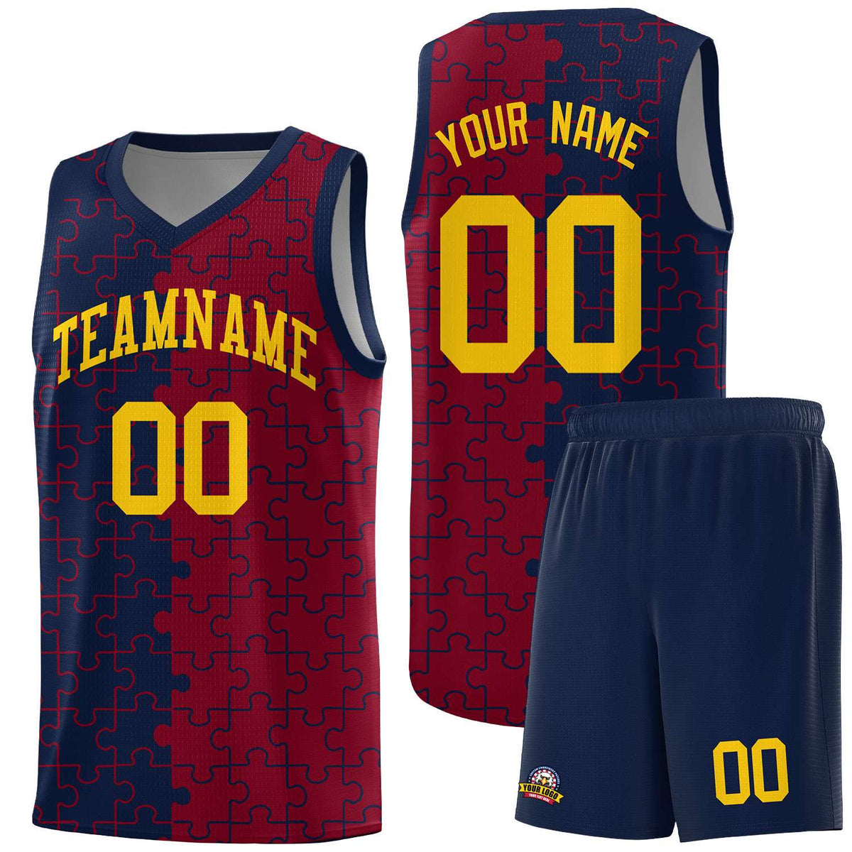 Custom Youth Basketball Jersey Navy Crimson Puzzle Pattern Personalized Team Uniform