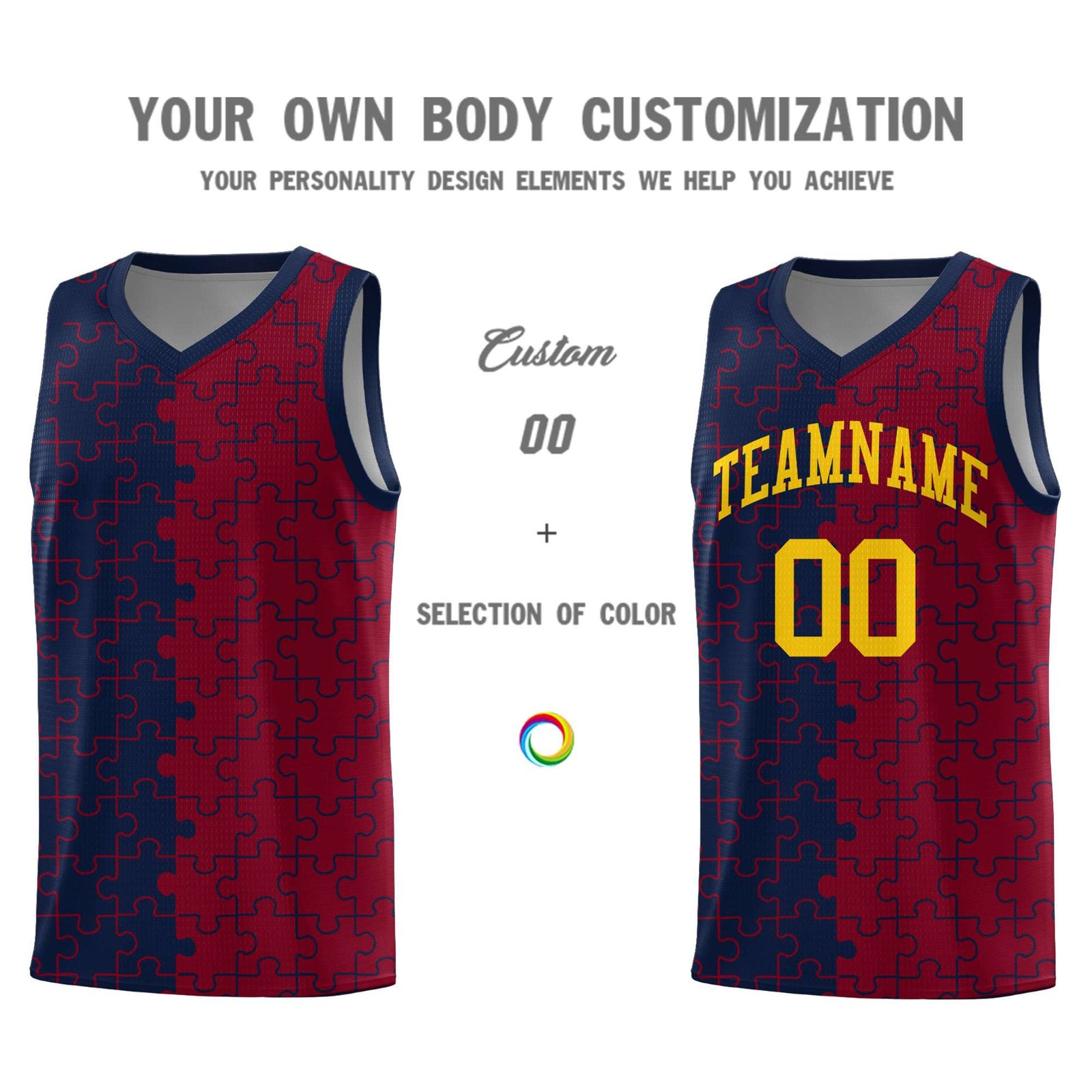 Custom Youth Basketball Jersey Navy Crimson Puzzle Pattern Personalized Team Uniform