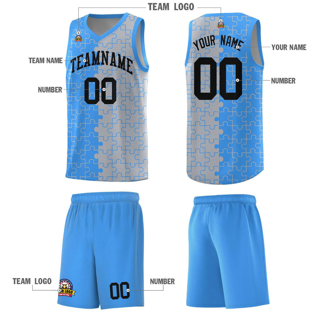 Custom Youth Basketball Jersey Light Blue Gray Puzzle Pattern Add Name, Number &amp; Team Logo