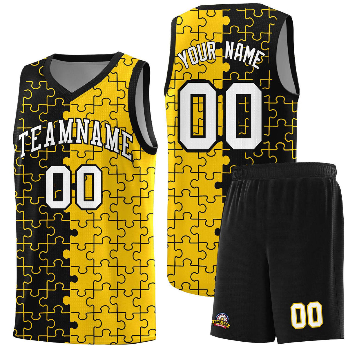 Custom Youth Basketball Jersey Black Gold Puzzle Pattern Breathable Team Uniform