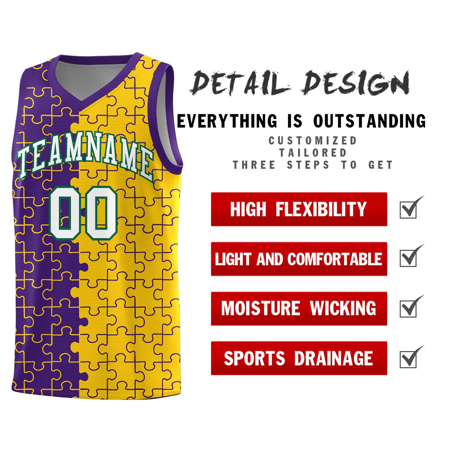 Custom Youth Basketball Jersey Purple Gold Puzzle Pattern Personalized Team Uniform
