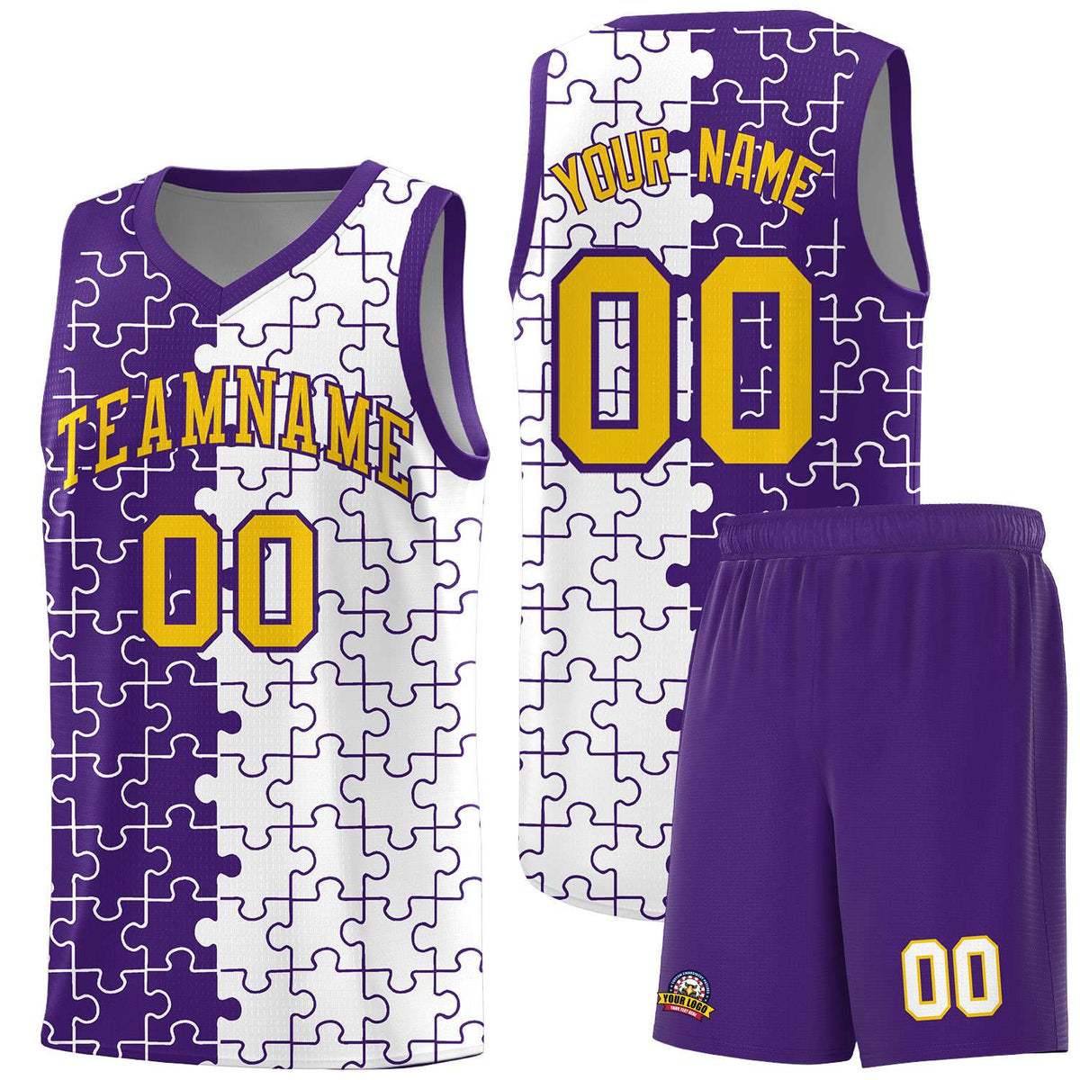 Custom Youth Basketball Jersey Purple White Puzzle Pattern Add Name, Number &amp; Team Logo