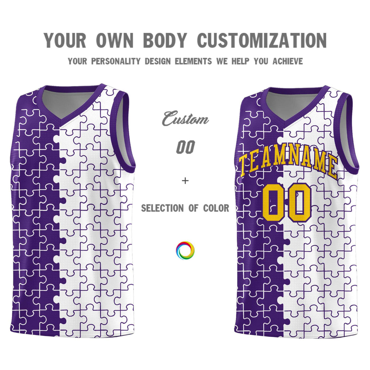 Custom Youth Basketball Jersey Purple White Puzzle Pattern Add Name, Number &amp; Team Logo