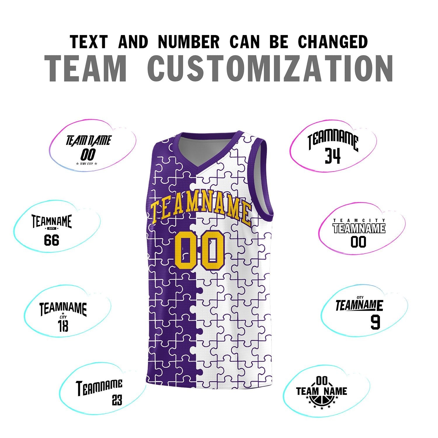 Custom Youth Basketball Jersey Purple White Puzzle Pattern Add Name, Number & Team Logo