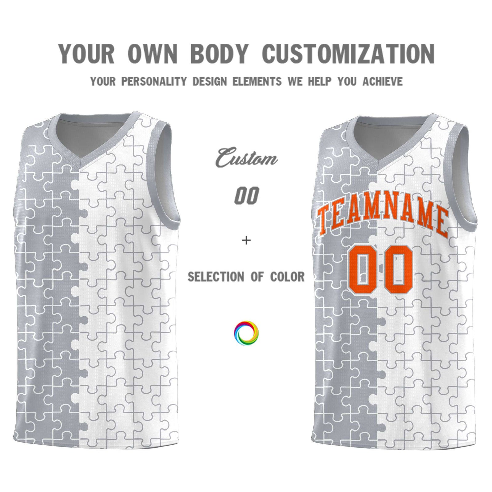Custom Youth Basketball Jersey Gray White Puzzle Pattern Breathable Team Uniform