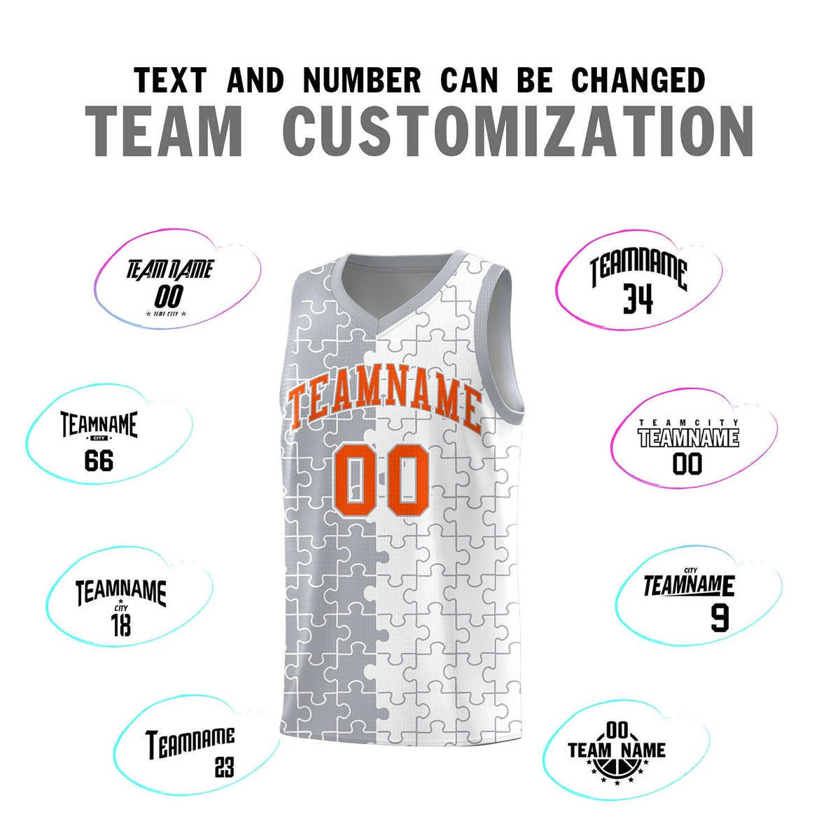 Custom Youth Basketball Jersey Gray White Puzzle Pattern Breathable Team Uniform