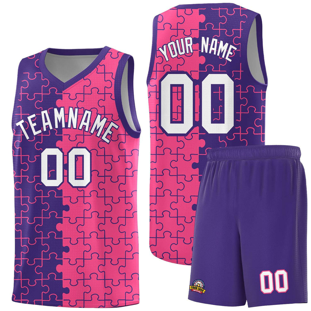 Custom Youth Basketball Jersey Purple Pink Puzzle Pattern Breathable Team Uniform