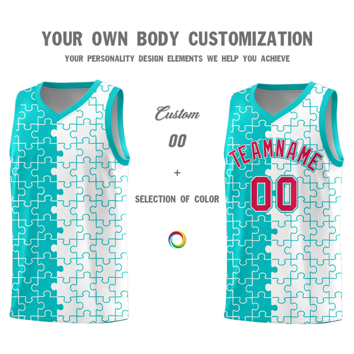 Custom Youth Basketball Jersey Aqua White Puzzle Pattern Personalized Team Uniform