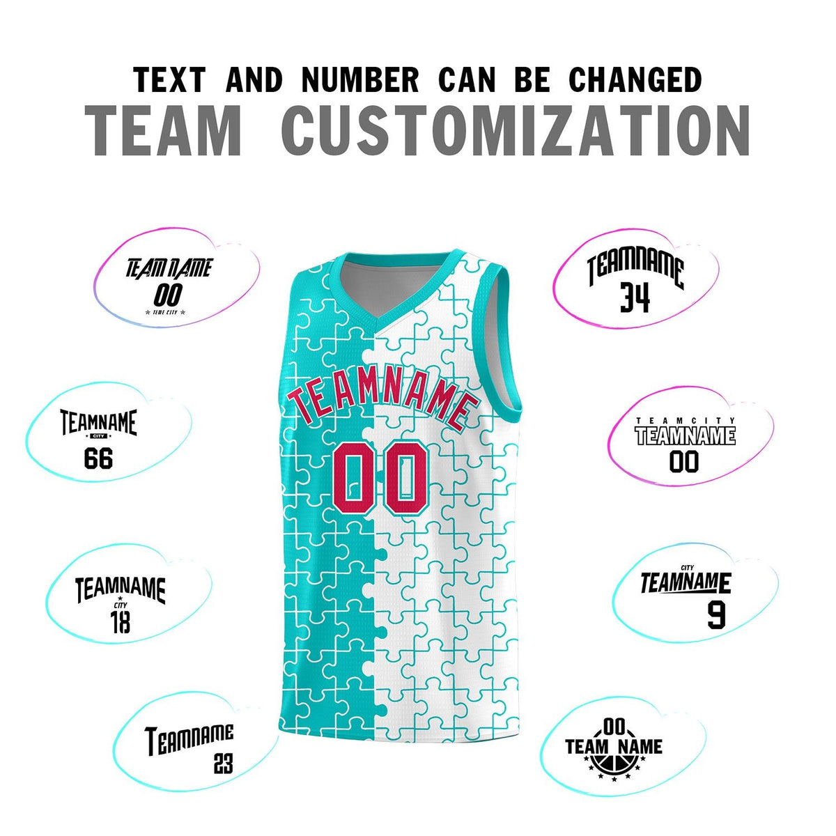 Custom Youth Basketball Jersey Aqua White Puzzle Pattern Personalized Team Uniform