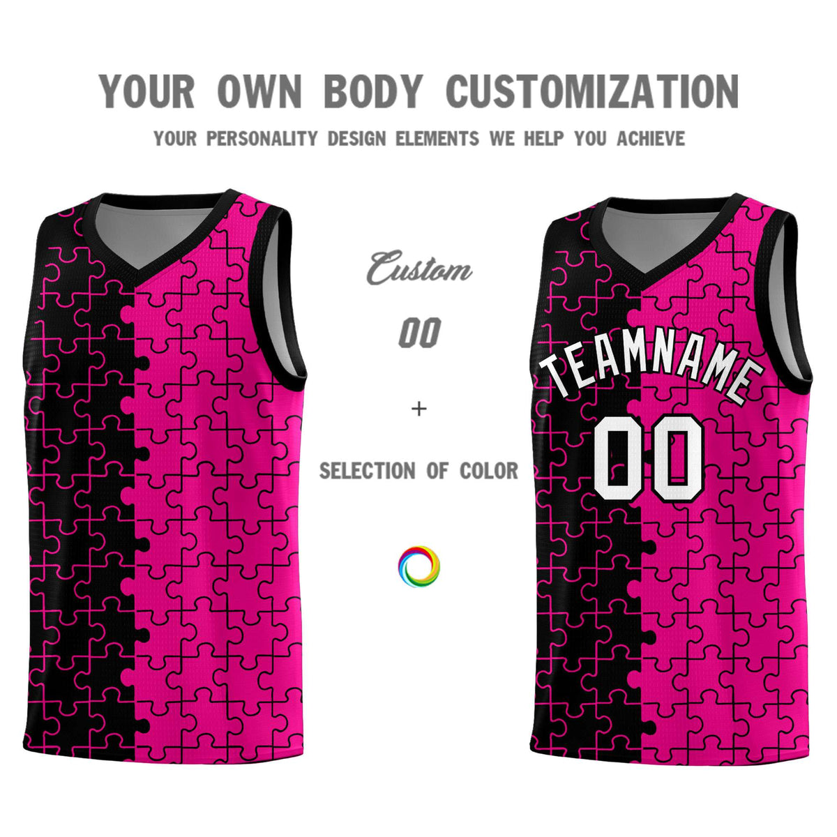 Custom Youth Basketball Jersey Black Pink Puzzle Pattern Moisture-Wicking Team Uniform