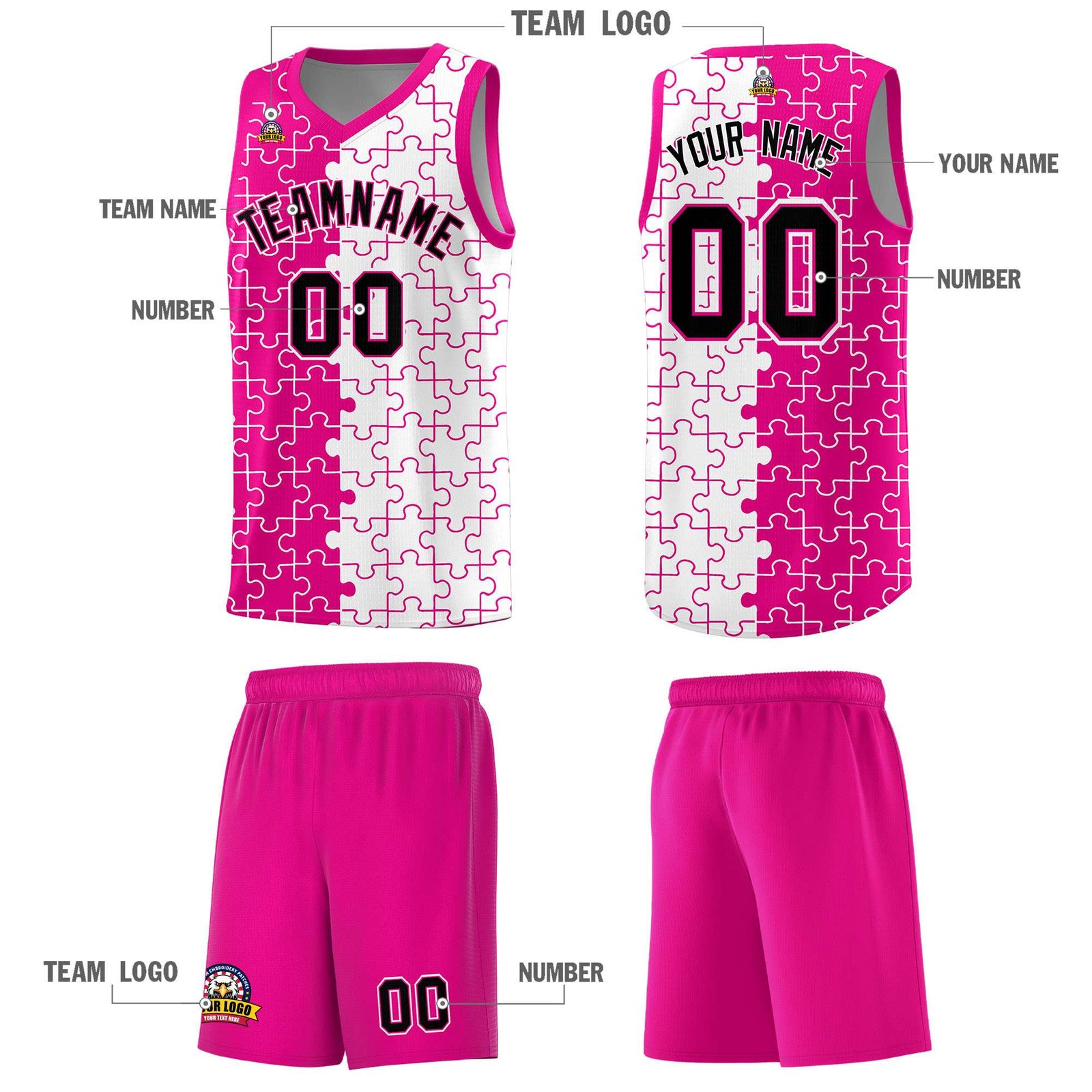 Custom Youth Basketball Jersey Pink White Puzzle Pattern Personalized Team Uniform