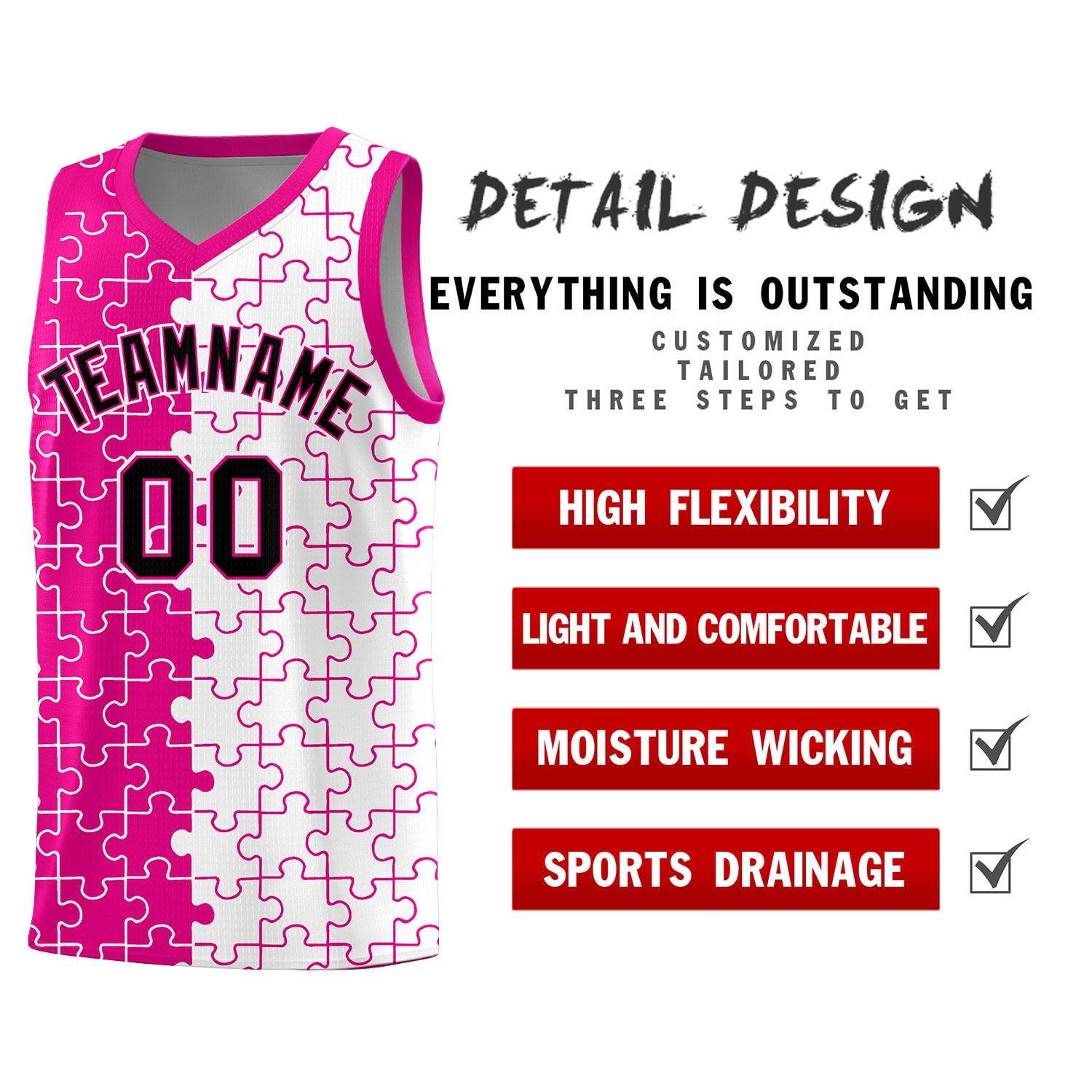 Custom Youth Basketball Jersey Pink White Puzzle Pattern Personalized Team Uniform