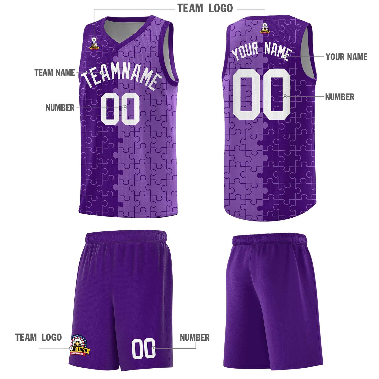 Custom Youth Basketball Jersey Purple Light Purple Puzzle Pattern Add Name, Number & Team Logo