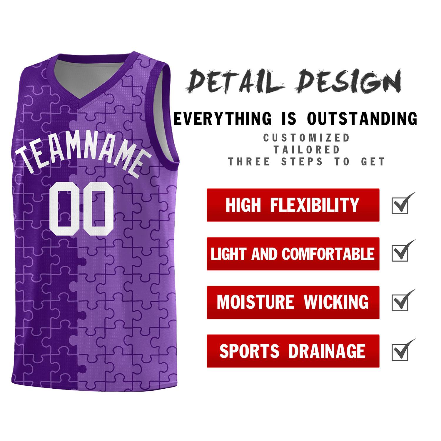 Custom Youth Basketball Jersey Purple Light Purple Puzzle Pattern Add Name, Number & Team Logo