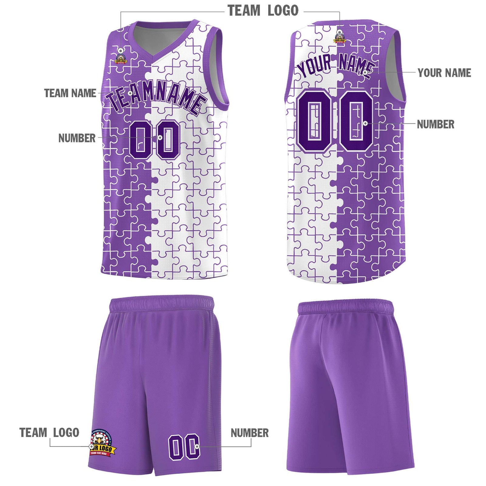 Custom Youth Basketball Jersey Light Purple White Puzzle Pattern Breathable Team Uniform