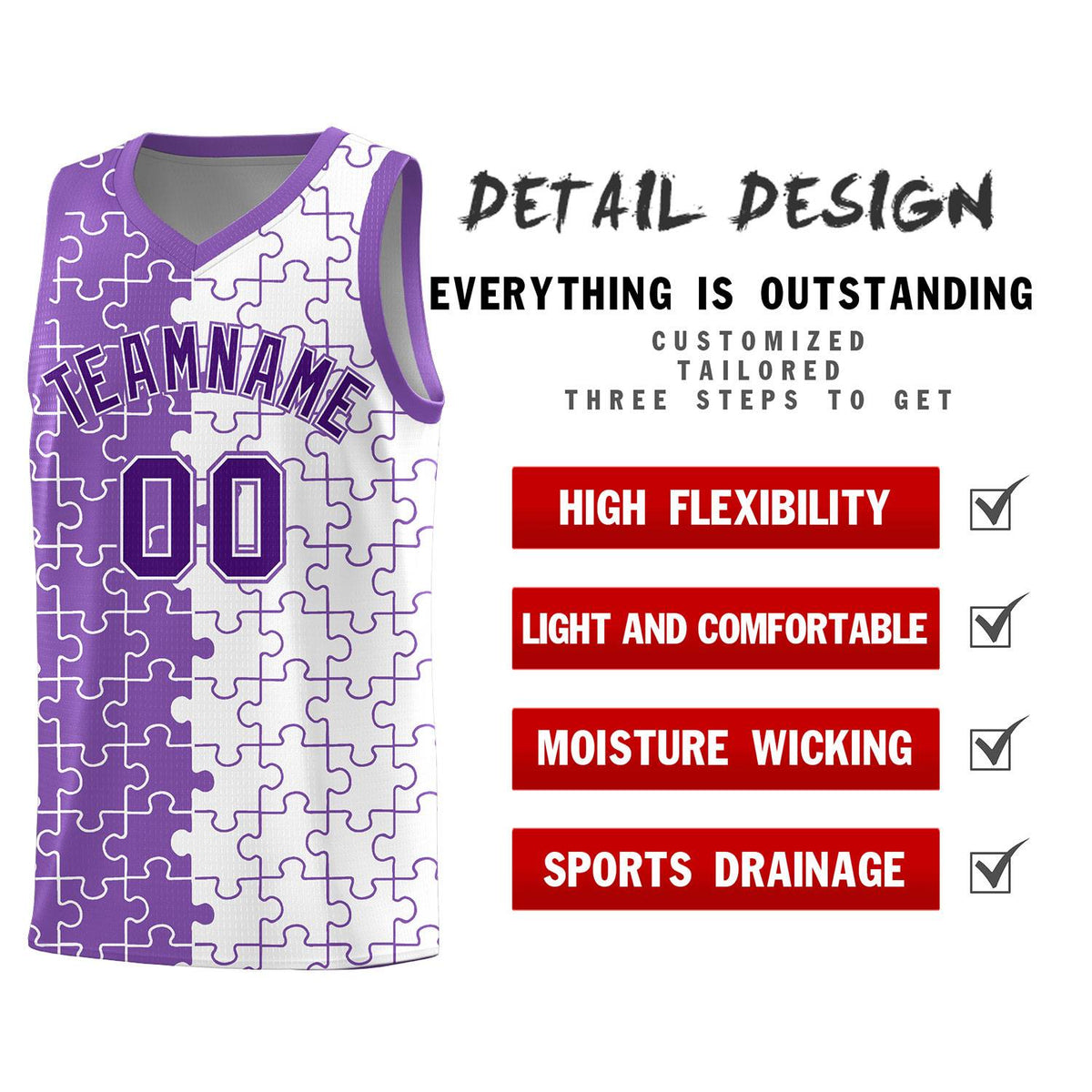 Custom Youth Basketball Jersey Light Purple White Puzzle Pattern Breathable Team Uniform