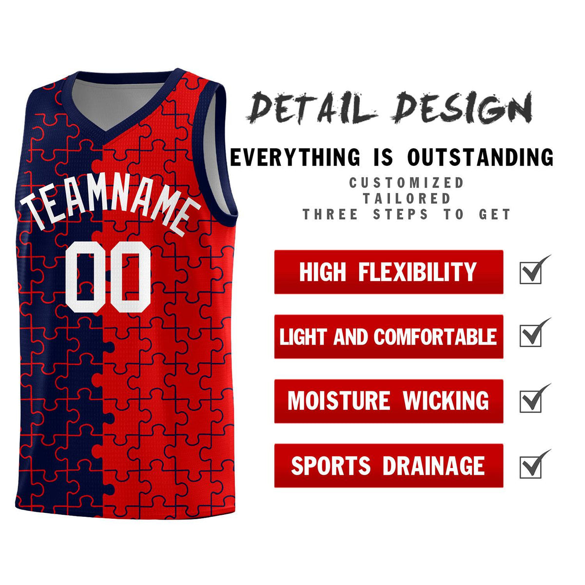 Custom Youth Basketball Jersey Navy Red Puzzle Pattern Personalized Team Uniform