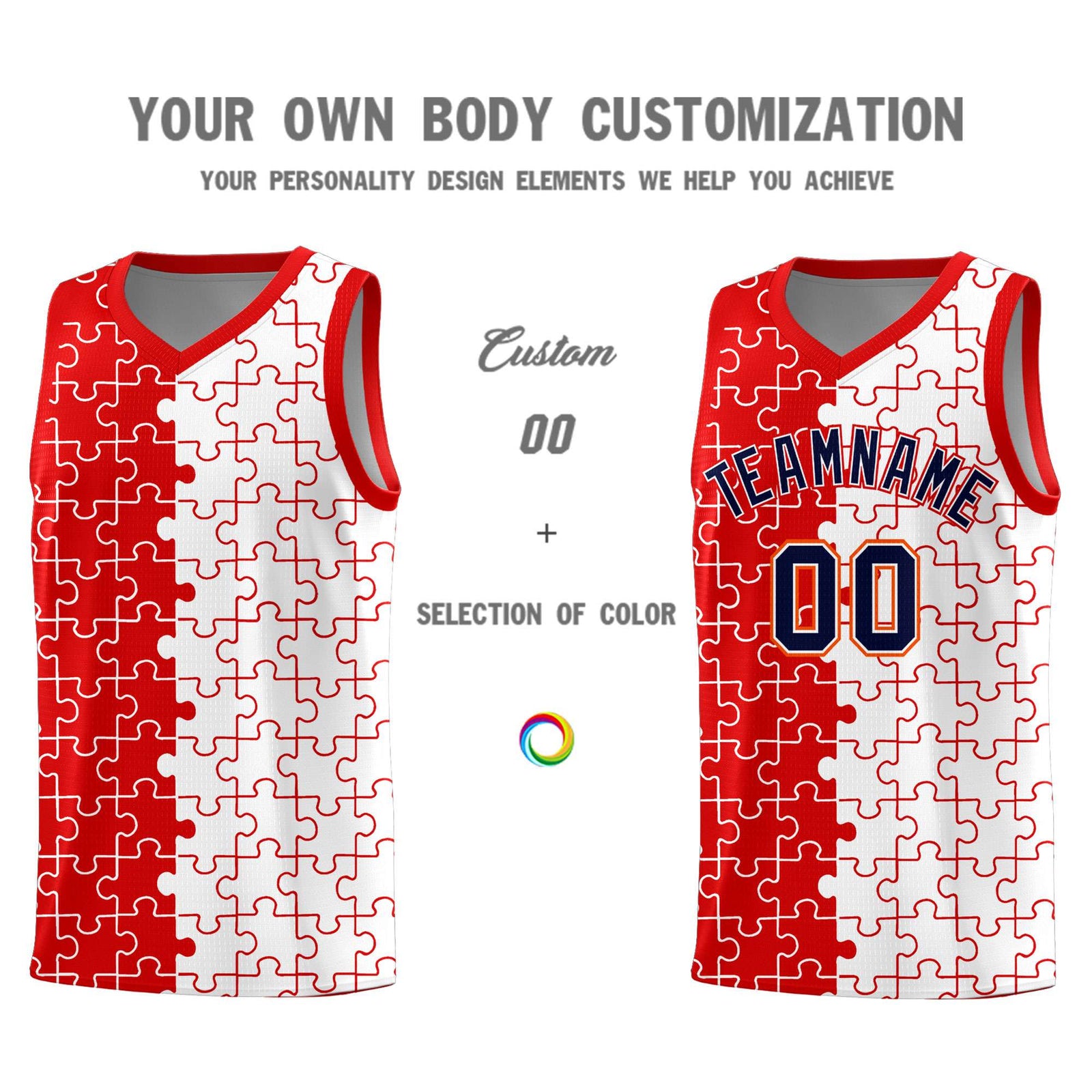 Custom Youth Basketball Jersey Red White Puzzle Pattern Add Name, Number & Team Logo