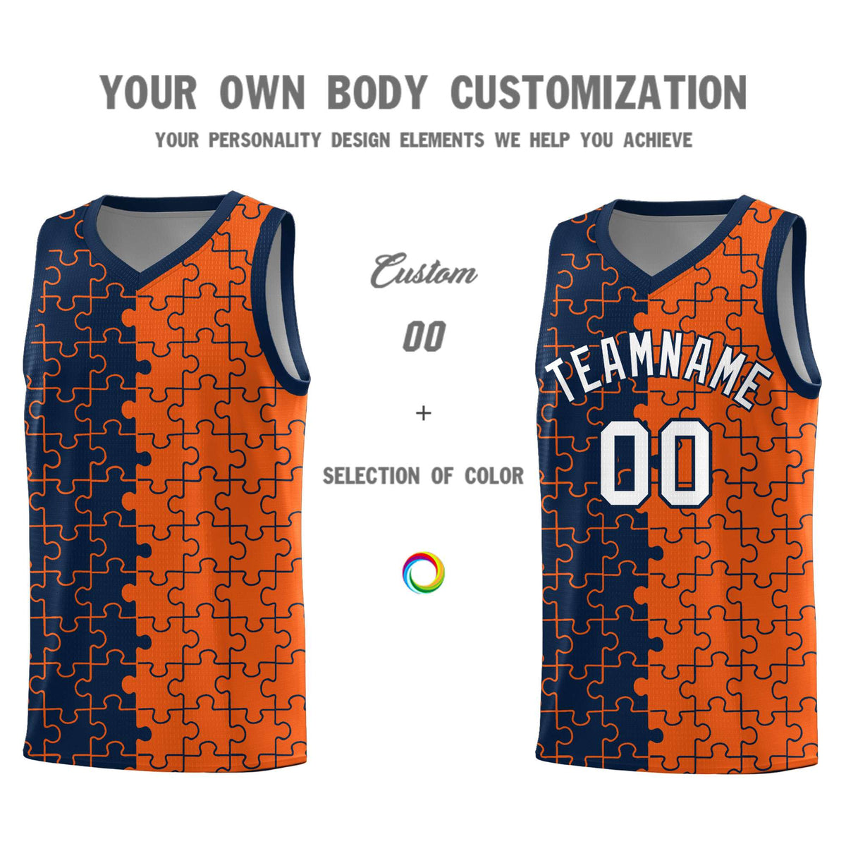 Custom Youth Basketball Jersey Navy Orange Puzzle Pattern Breathable Team Uniform