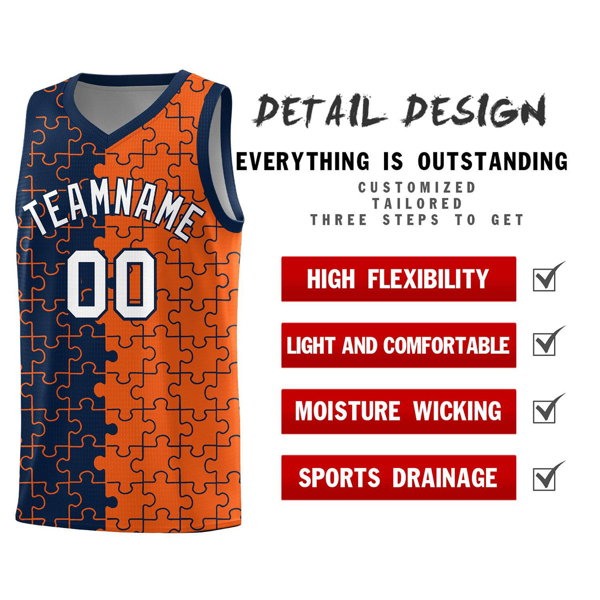 Custom Youth Basketball Jersey Navy Orange Puzzle Pattern Breathable Team Uniform