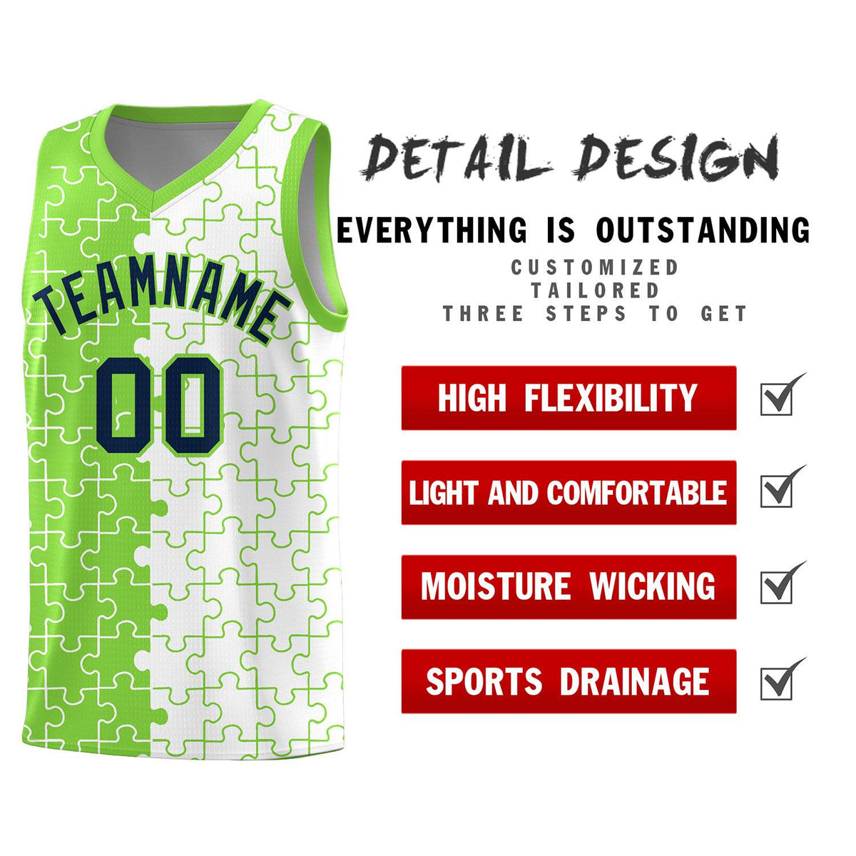 Custom Youth Basketball Jersey Fluorescent Green White Puzzle Pattern Personalized Team Uniform