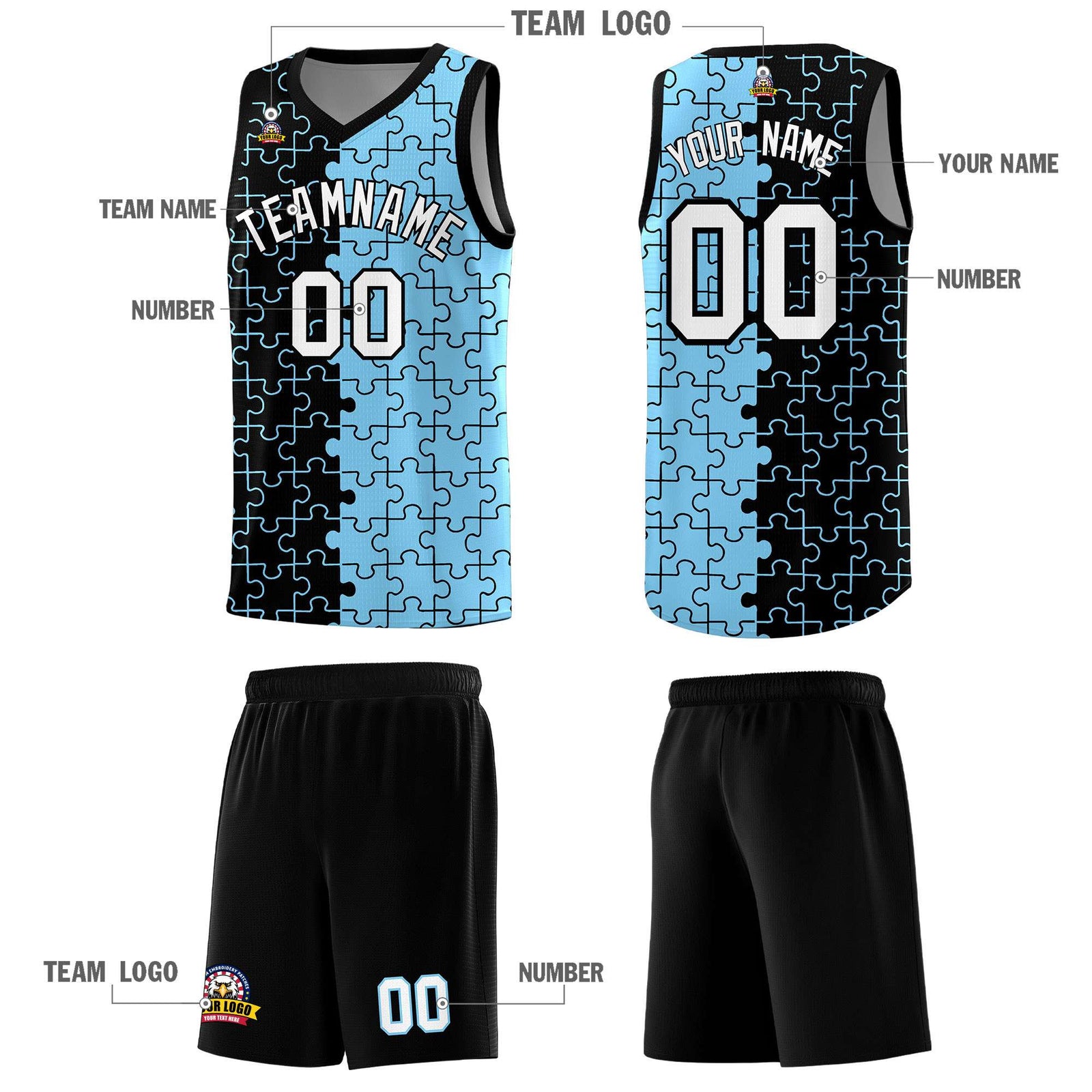 Custom Youth Basketball Jersey Black Light Blue Puzzle Pattern Add Name, Number & Team Logo
